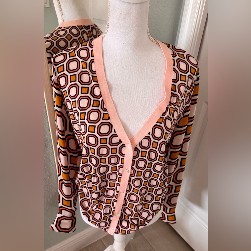 Tory Burch Wesley Cardigan Sweater Size Lrg Peach Geometric Print Silk Sleeves - Picture 9 of 16